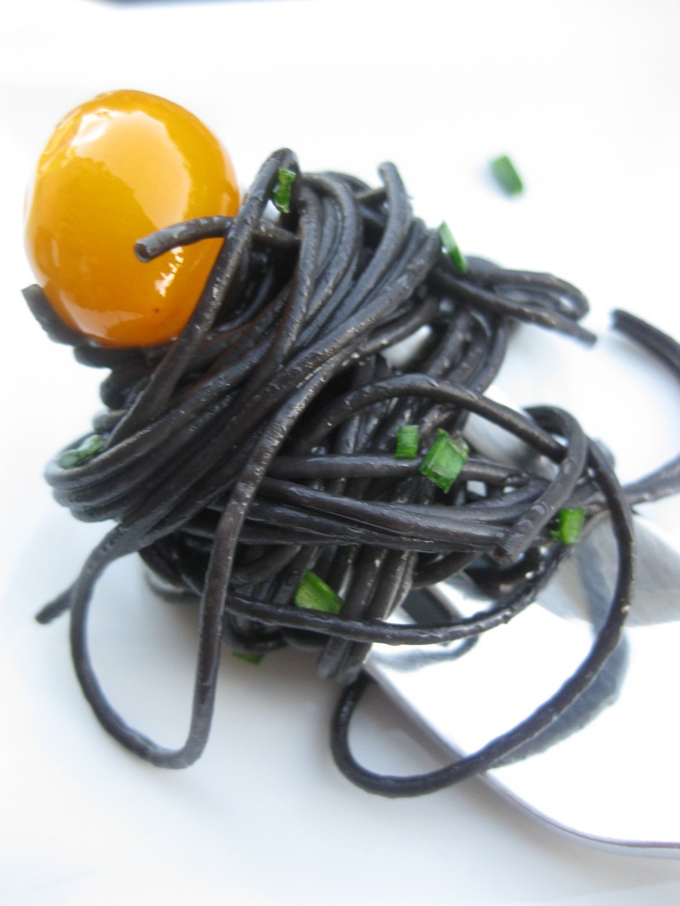 fall fridays: squid ink pasta with roasted orange tomatoes