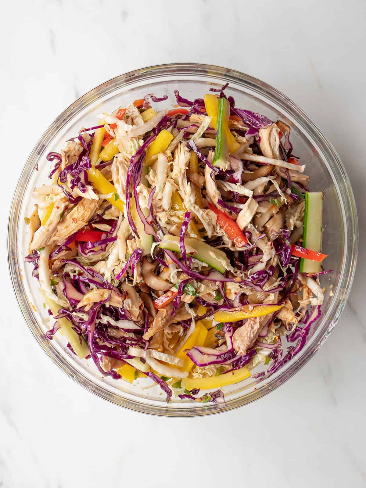 Colorful salad with shredded chicken