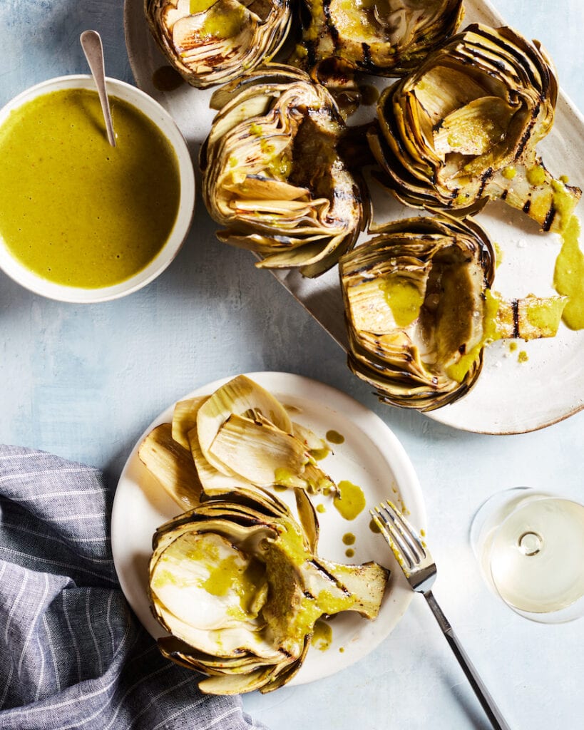 Grilled Artichokes with Lemon Basil Vinaigrette from www.whatsgabycooking.com (@whatsgabycookin) / grilled vegetables