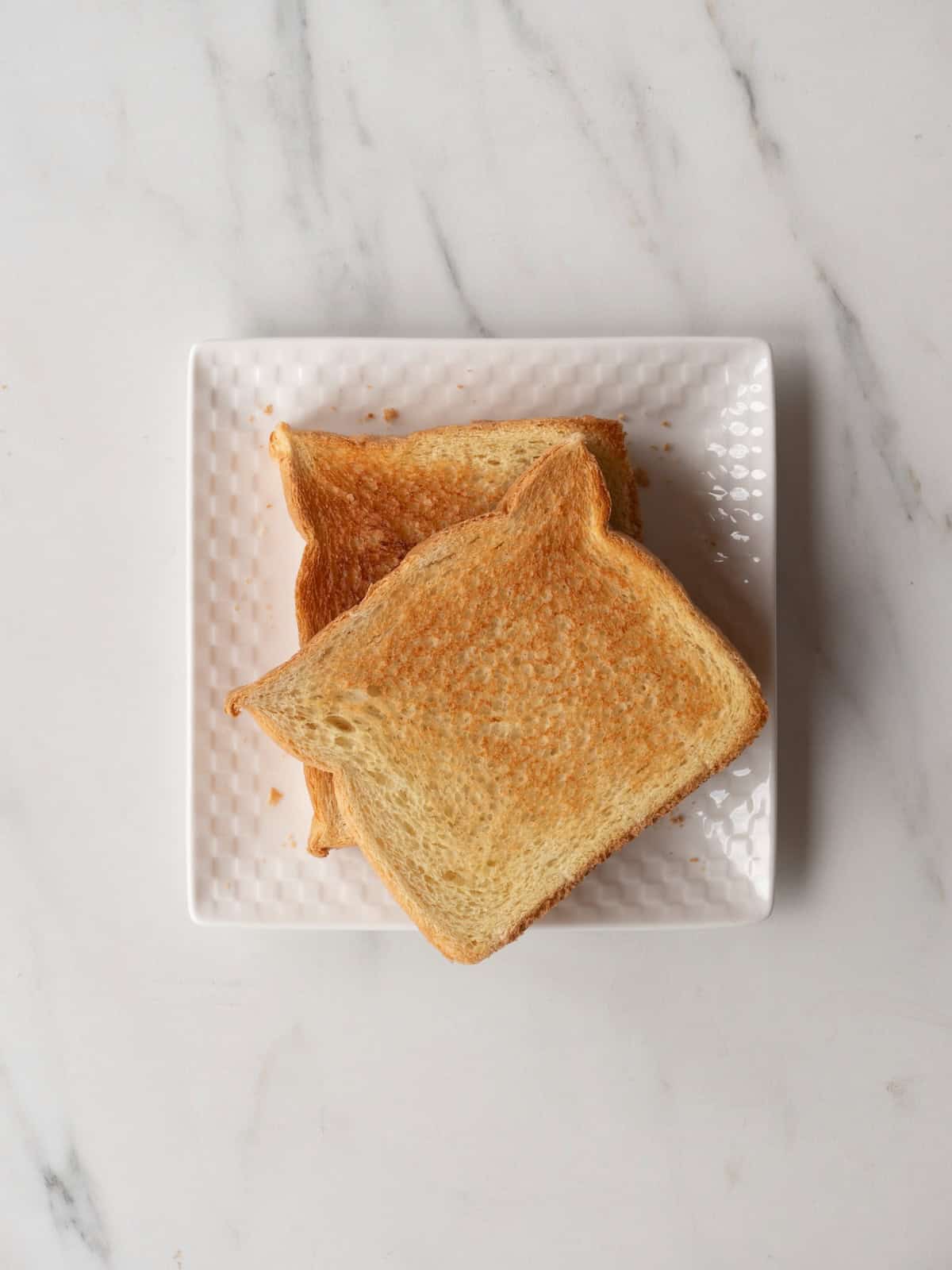 A plate with two toasted slices of bread.