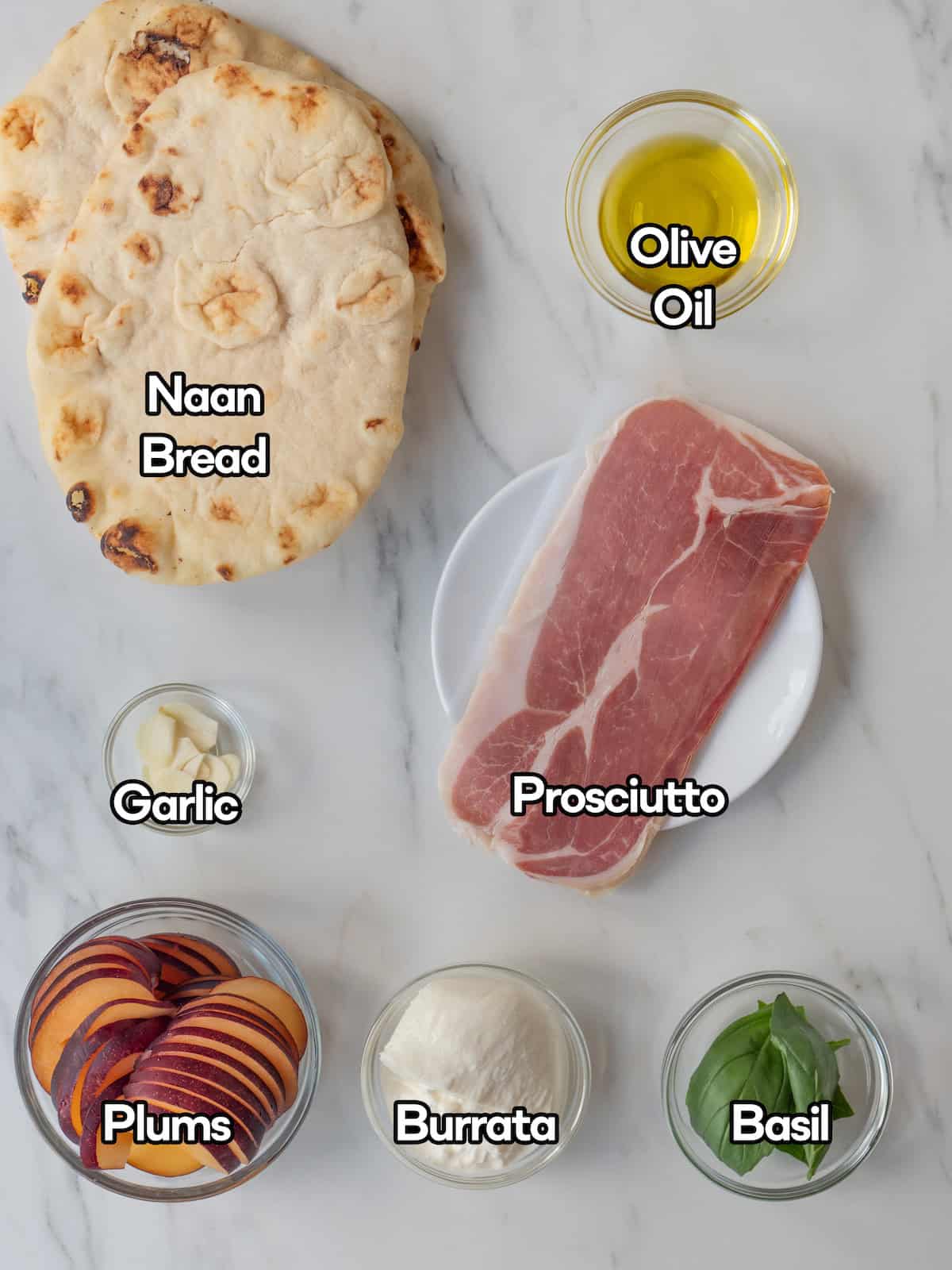 Mise en place of all ingredients to make crispy prosciutto, plum and burrata flatbreads.