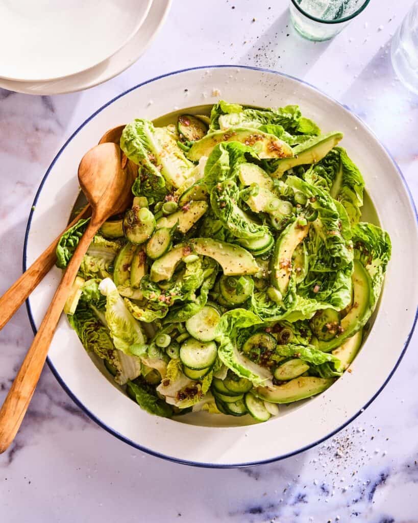 What's Gaby Cooking House Salad with cucumbers, avocado and a light balsamic dressing