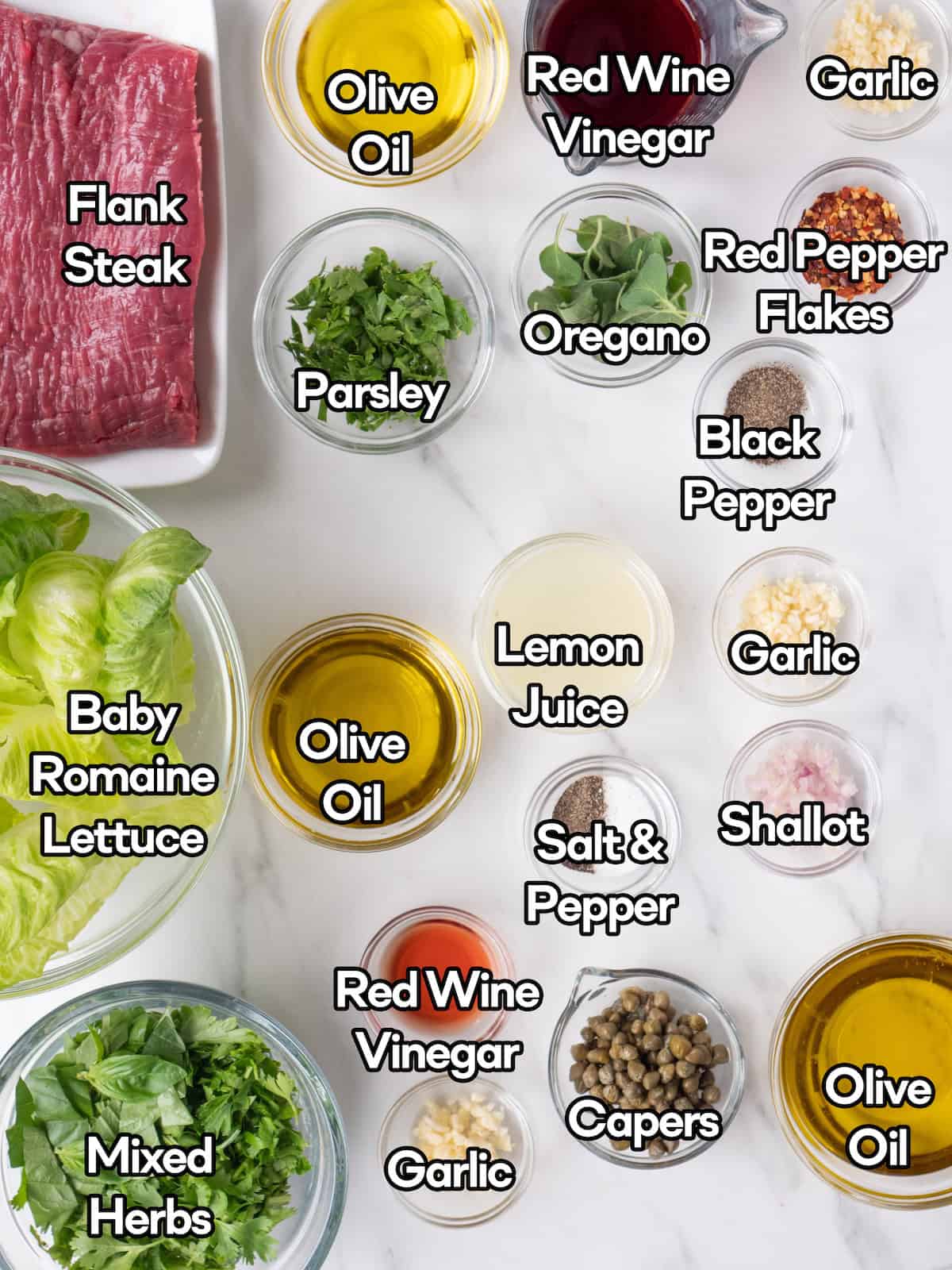 Mise en place of all ingredients to make grilled flank steak with salsa verde.