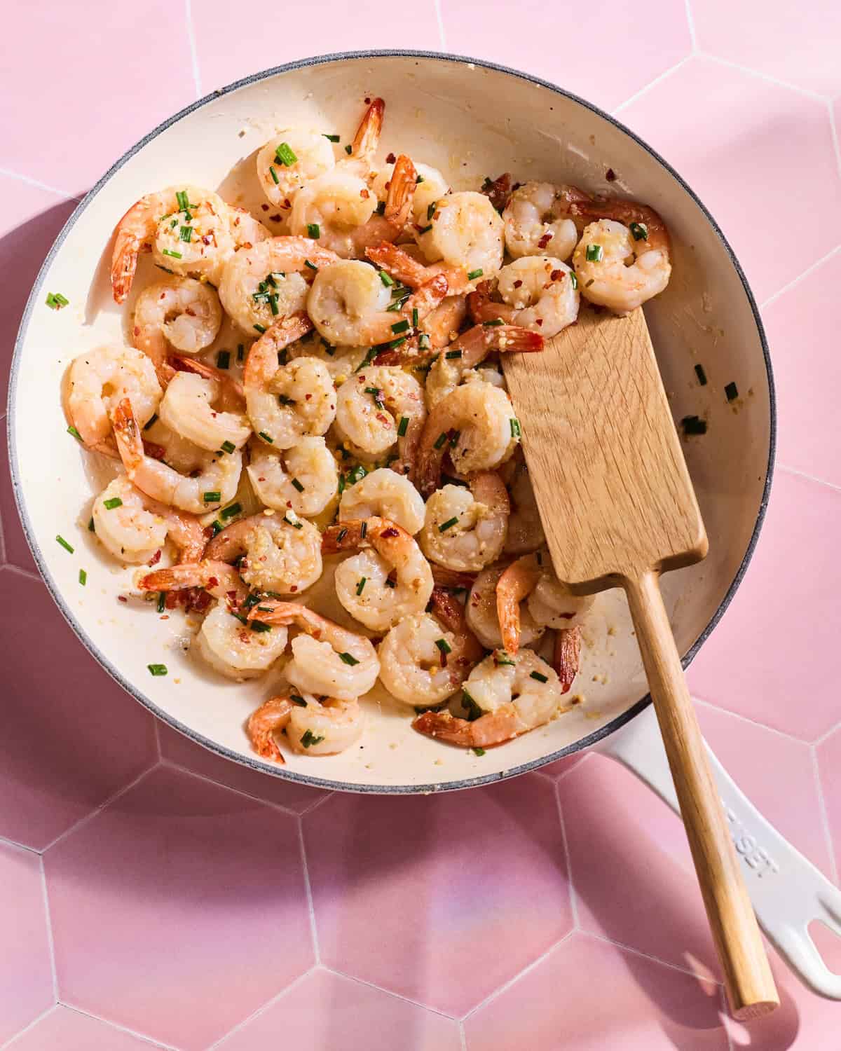Cooked shrimp in a skillet
