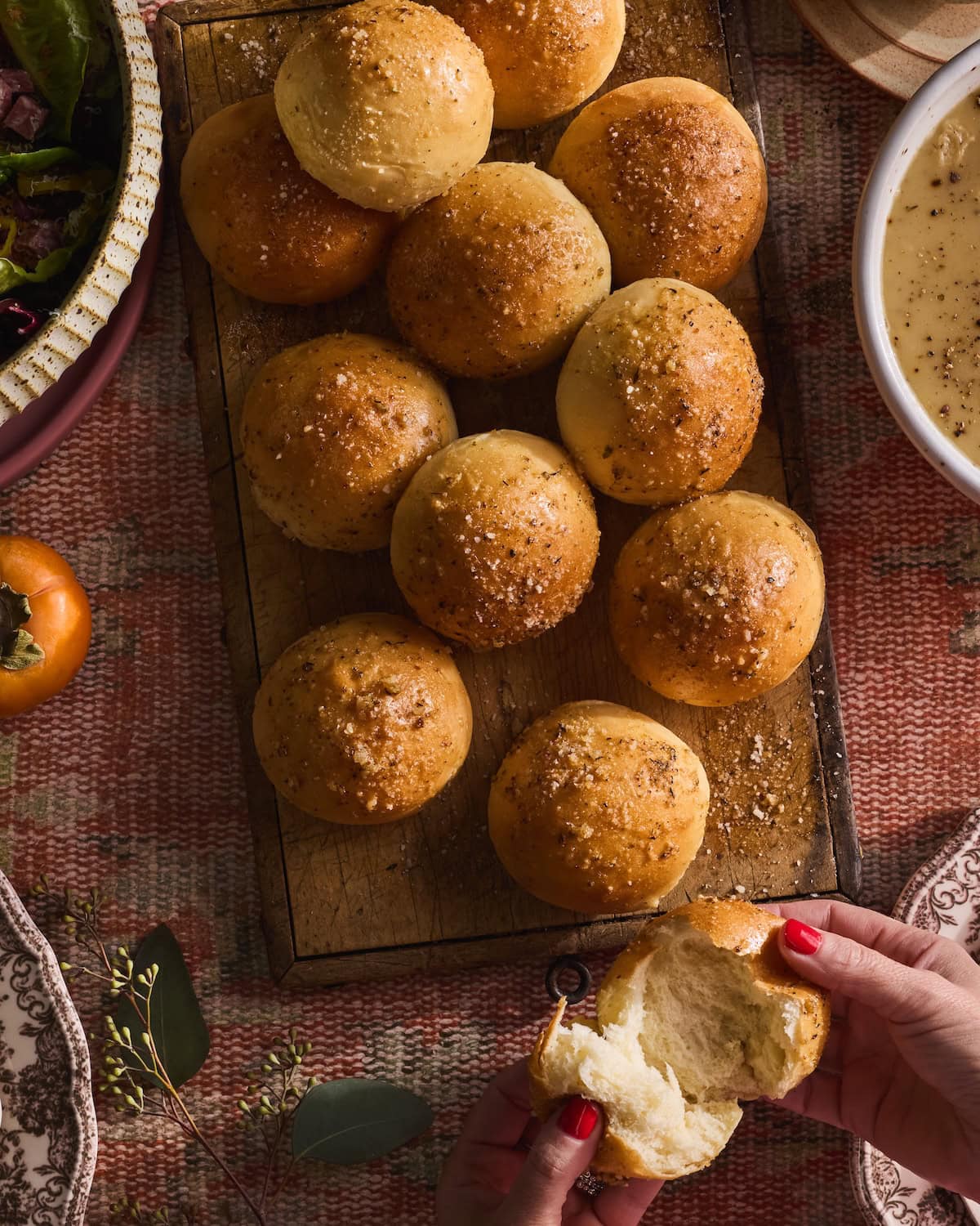 Homemade Garlic Herb Rolls on a Thanksgiving Table
