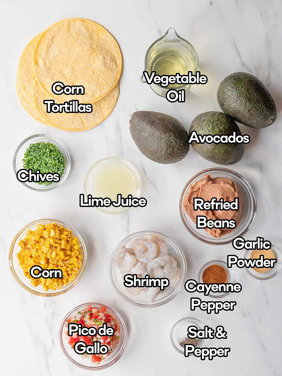 Ingredients for avocado shrimp tostadas