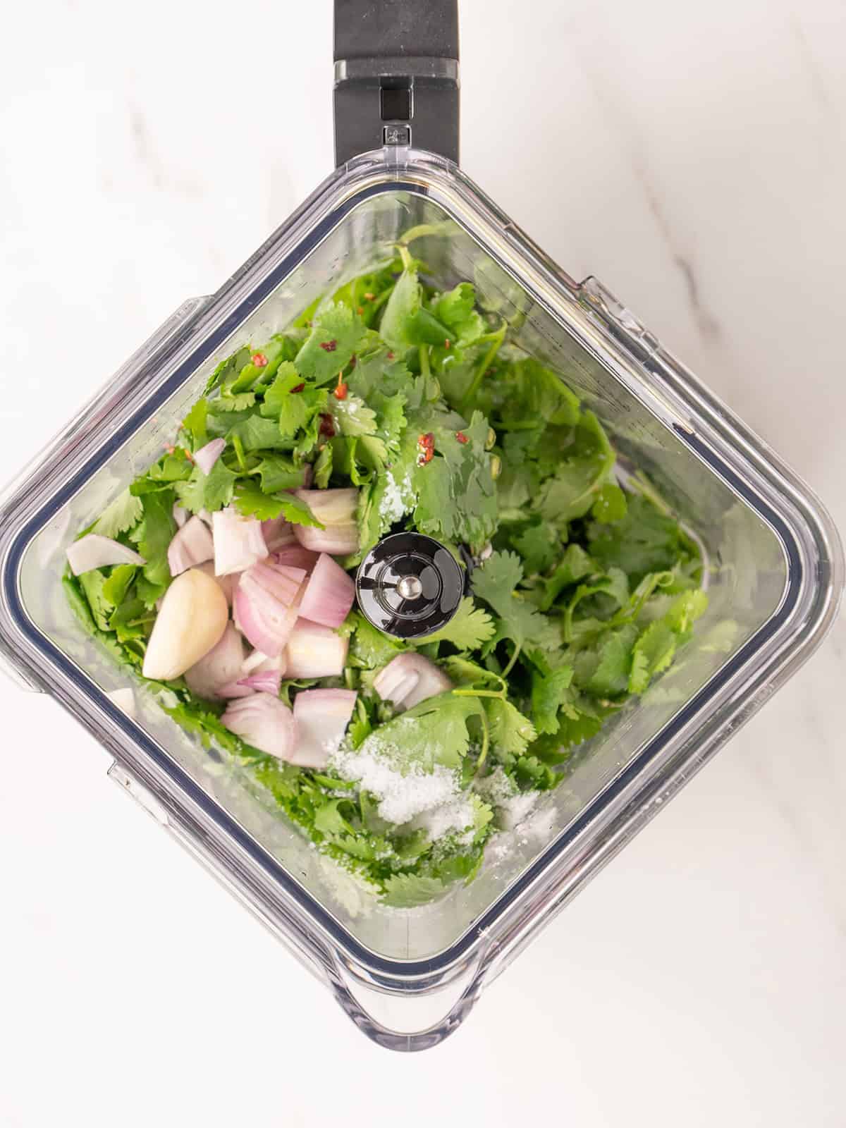 Ingredients for cilantro pesto in blender