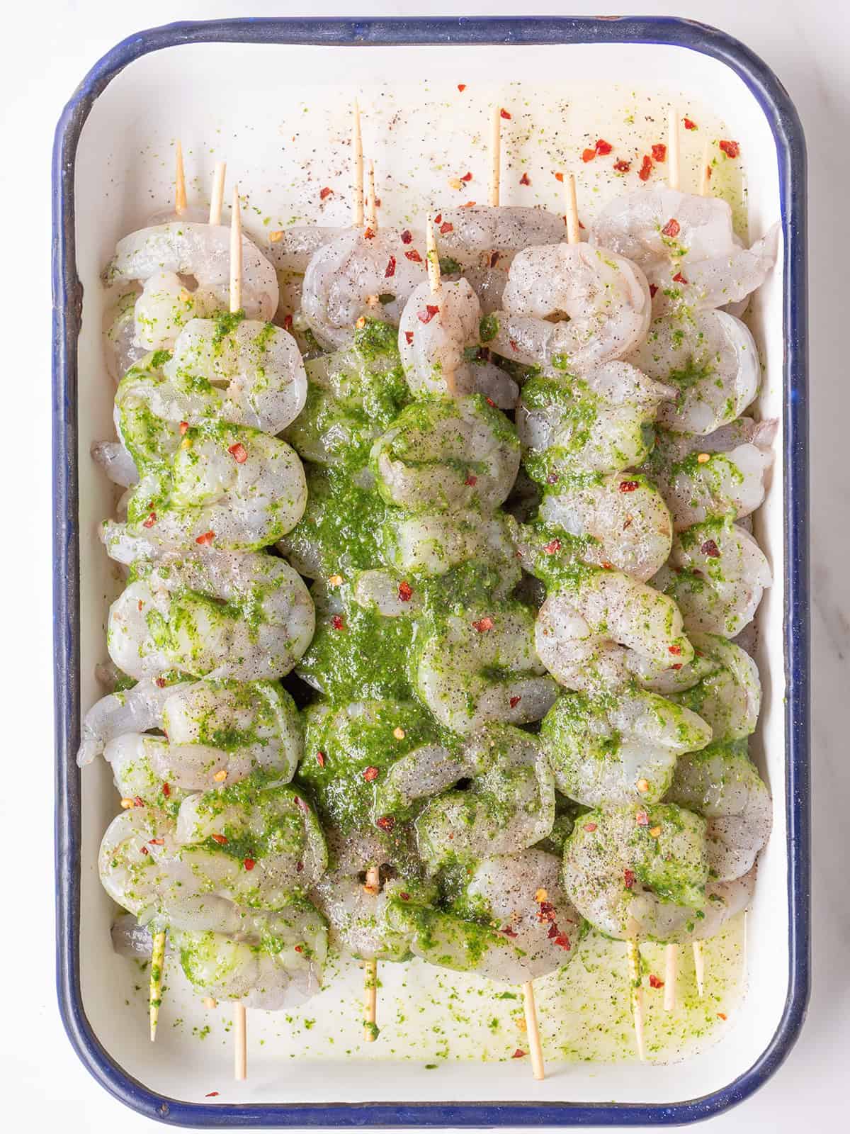 Shrimp skewers with cilantro pesto marinade