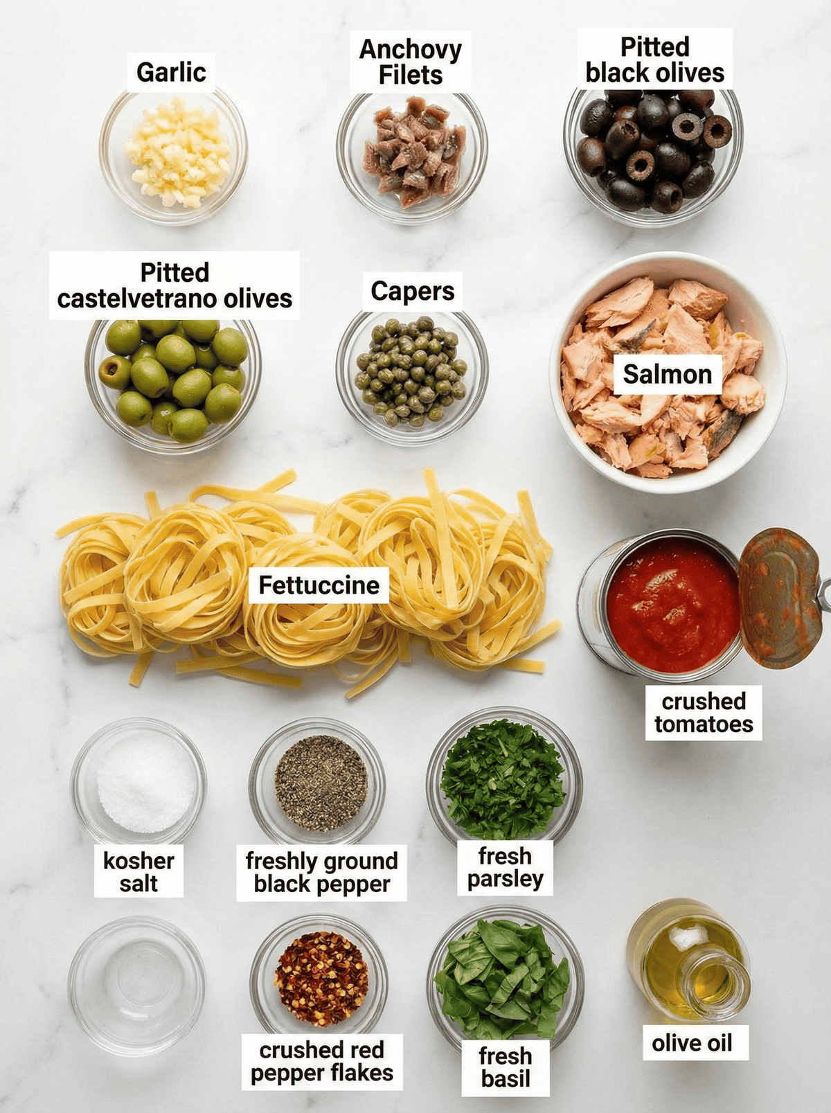 Ingredients used for Pasta Puttanesca.