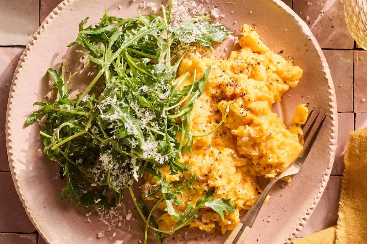 Perfectly Soft Scrambled Eggs (with Parmesan and Arugula)