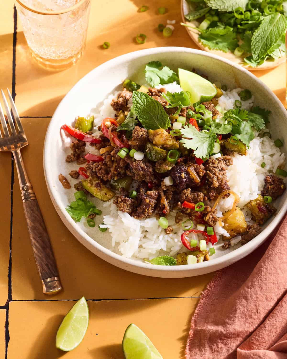 a bowl of beef larb 