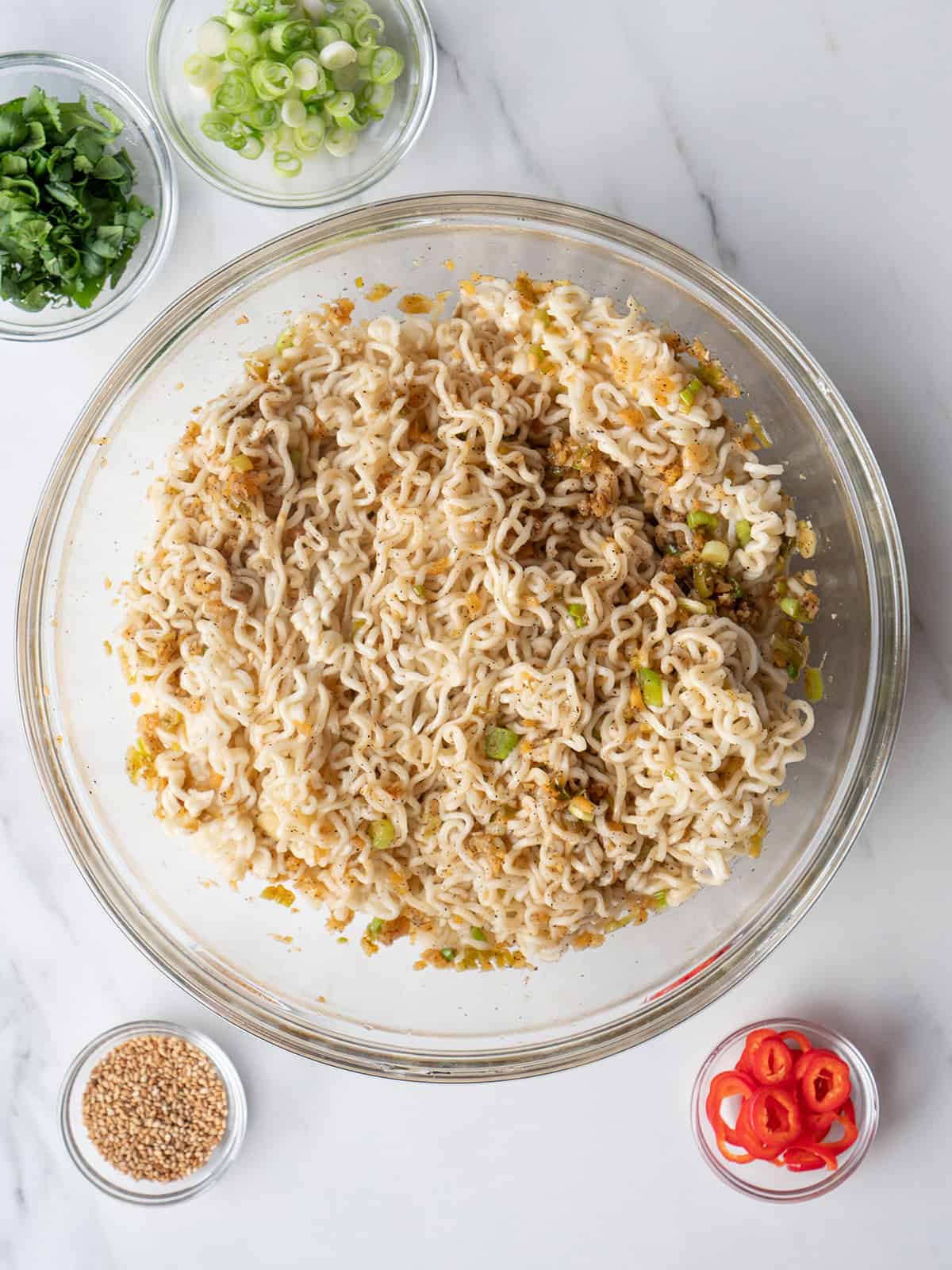 Bowl of sesame ginger noodles ingredients