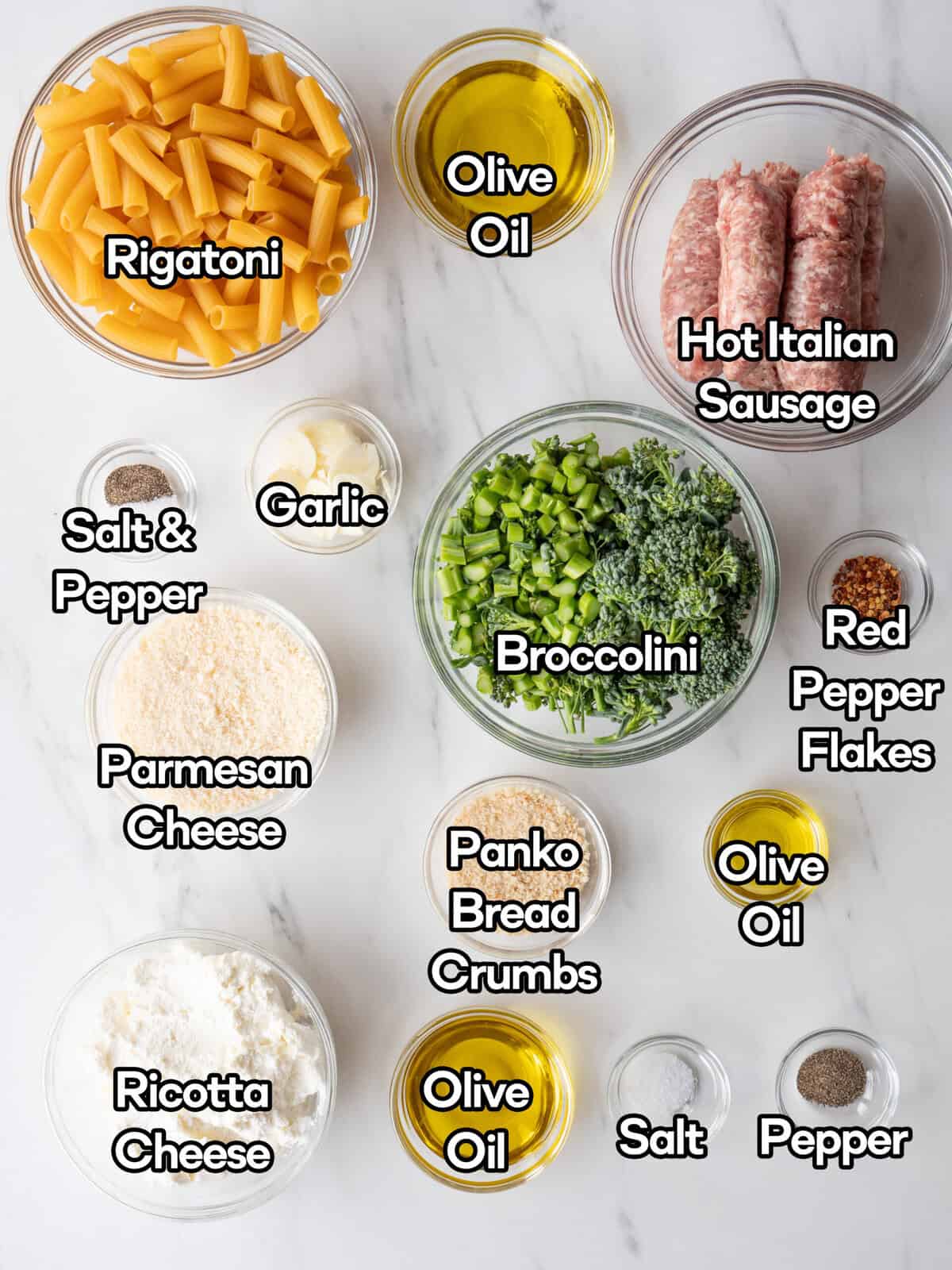 Ingredients for rigatoni dish preparation