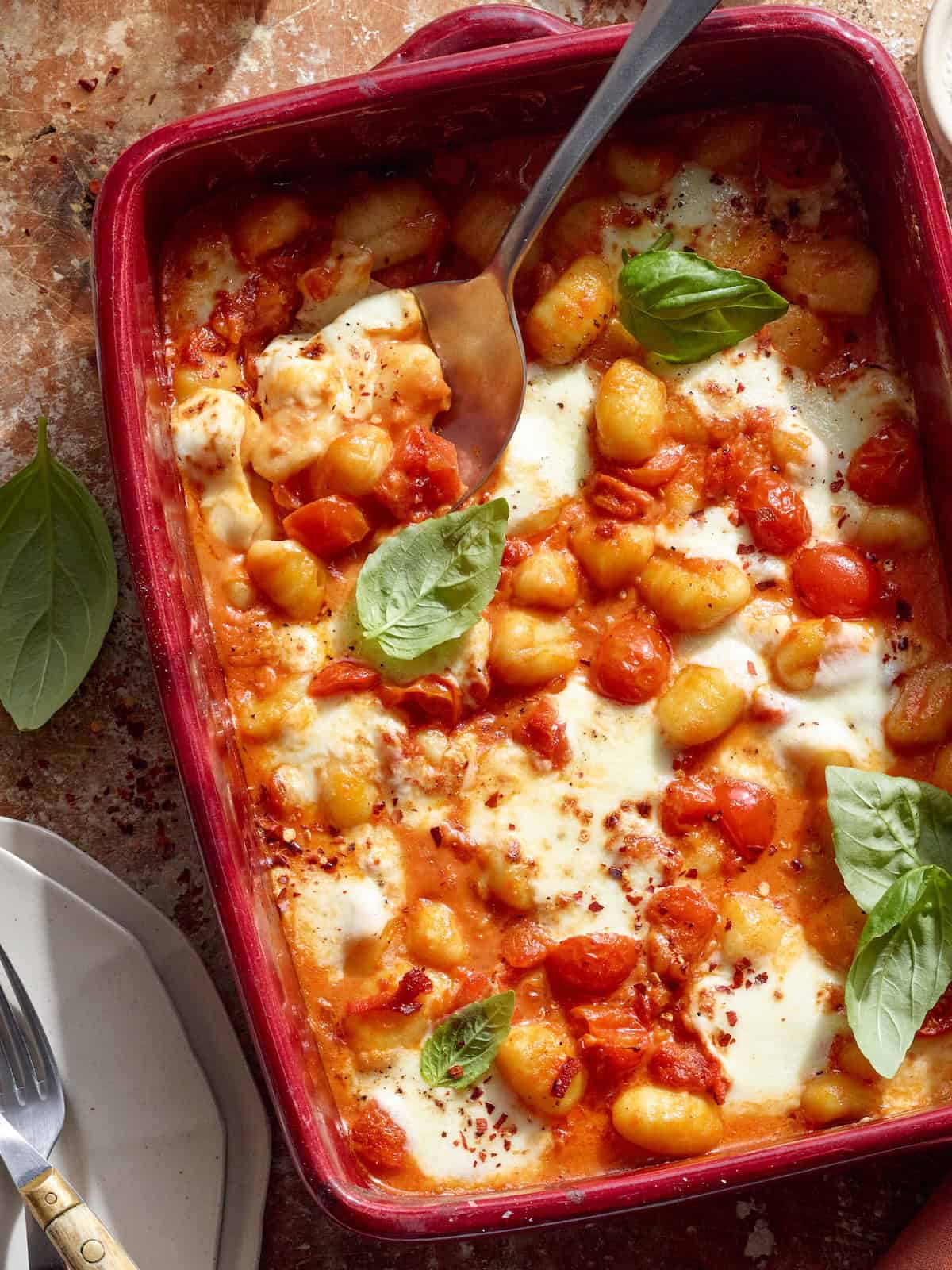 Cheesy Baked Gnocchi in a baking dish