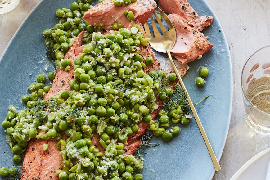 Broiled Salmon with Spring Peas from www.whatsgabycooking.com (@whatsgabycookin)