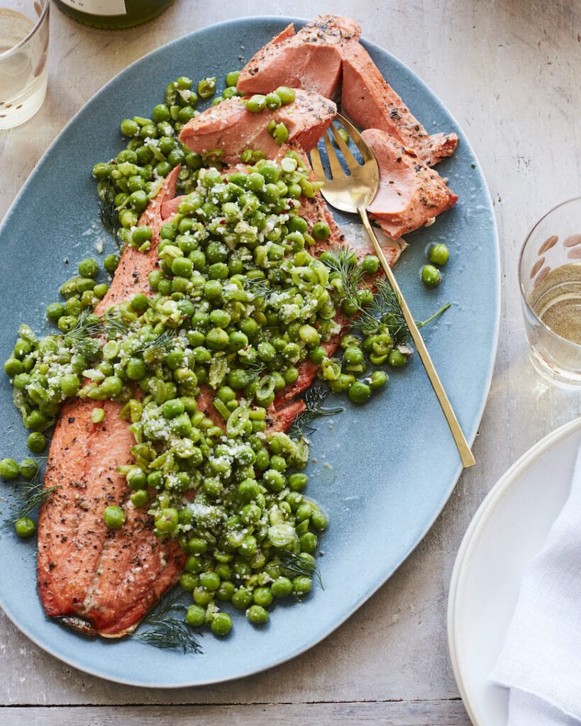 Healthy Dinner Ideas: Broiled Salmon with Spring Peas from www.whatsgabycooking.com (@whatsgabycookin)
