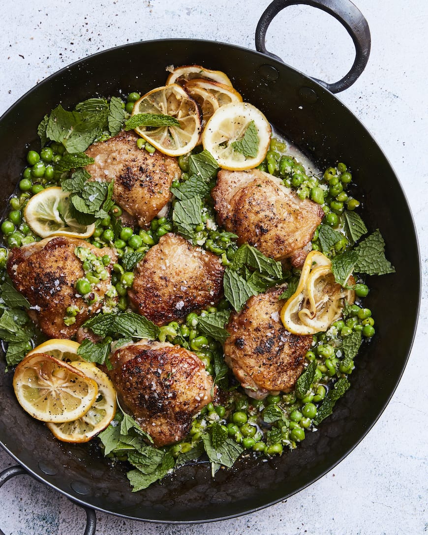 Crispy Chicken Thighs with Smashed Peas