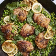 Crispy Chicken Thighs with Smashed Peas from www.whatsgabycooking.com (@whatsgabycookin)
