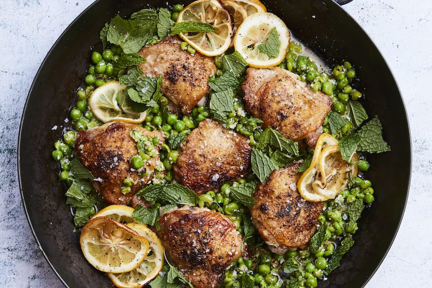 Crispy Chicken Thighs with Smashed Peas from www.whatsgabycooking.com (@whatsgabycookin)