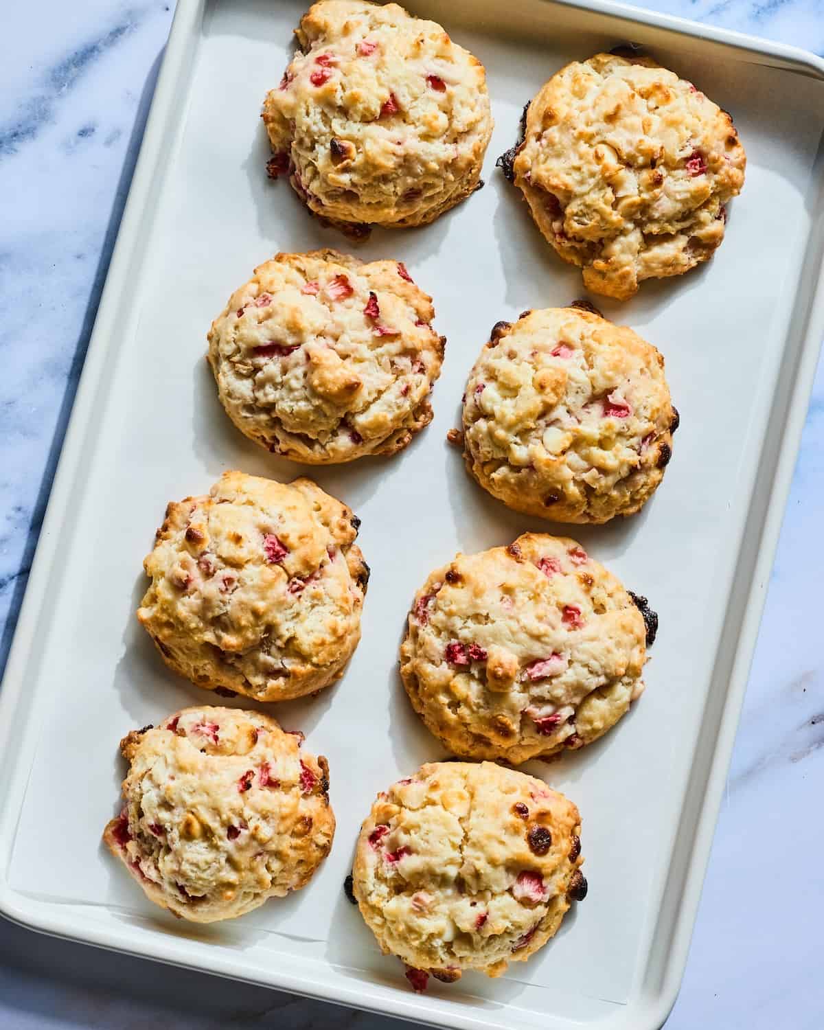 Strawberry White Chocolate Scones on a baking sheet, fresh out of the oven! 