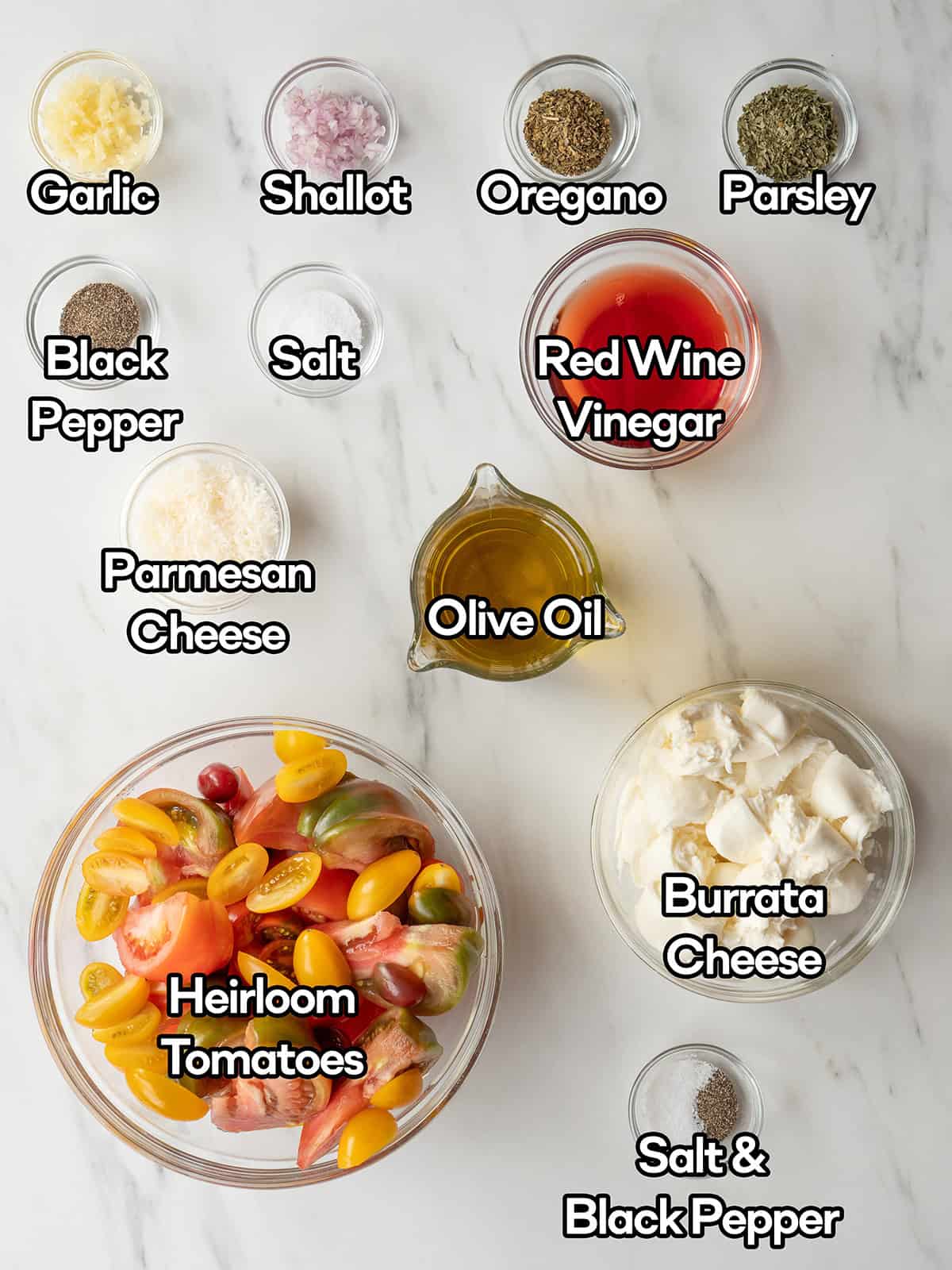 Ingredients for marinated tomato and burrata salad