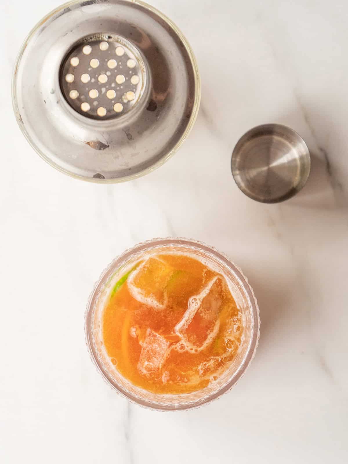 Refreshing drink with ice and garnish
