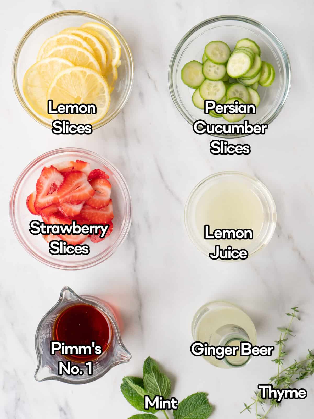 Ingredients for a Pimm's Cup cocktail