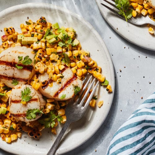 Grilled Scallops with Avocado Corn Salad from www.whatsgabycooking.com (@Whatsgabycookin)