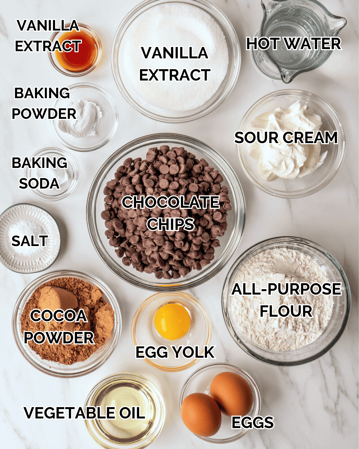 Mise-en-place with all the ingredients required to make double chocolate chip muffins.