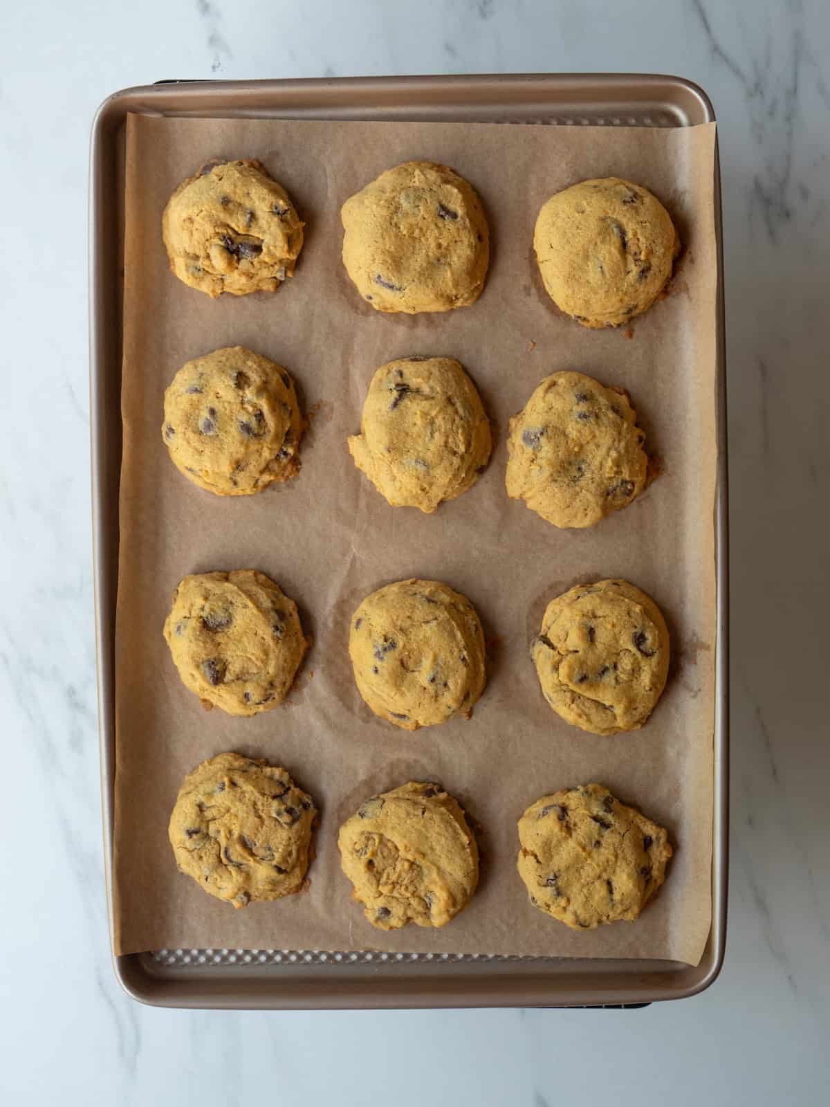 A baking sheet lined with parchment paper with twelve chocolate chip pumpkin cookies just baked and out of the oven.