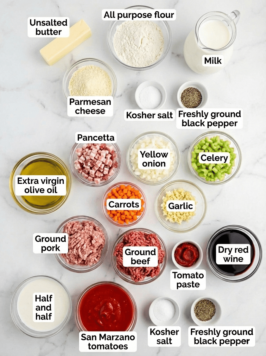 Ingredients for Bolognese sauce preparation