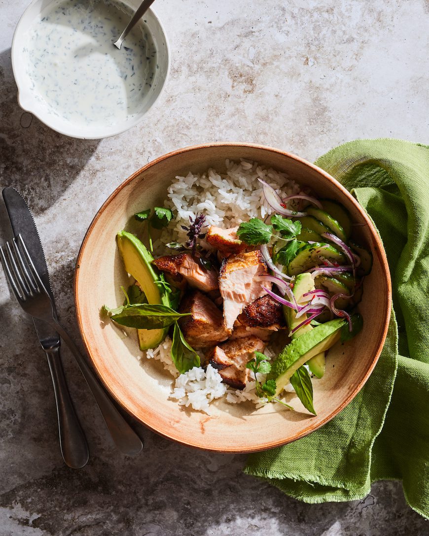 Spiced Salmon Bowl With Thai Basil Yogurt - What's Gaby Cooking