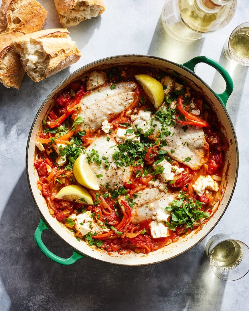 Baked White Fish with Charred Tomatoes and Feta