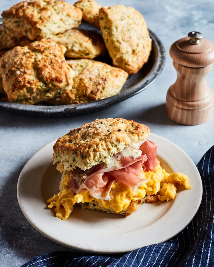 Biscuit sandwich with eggs and ham