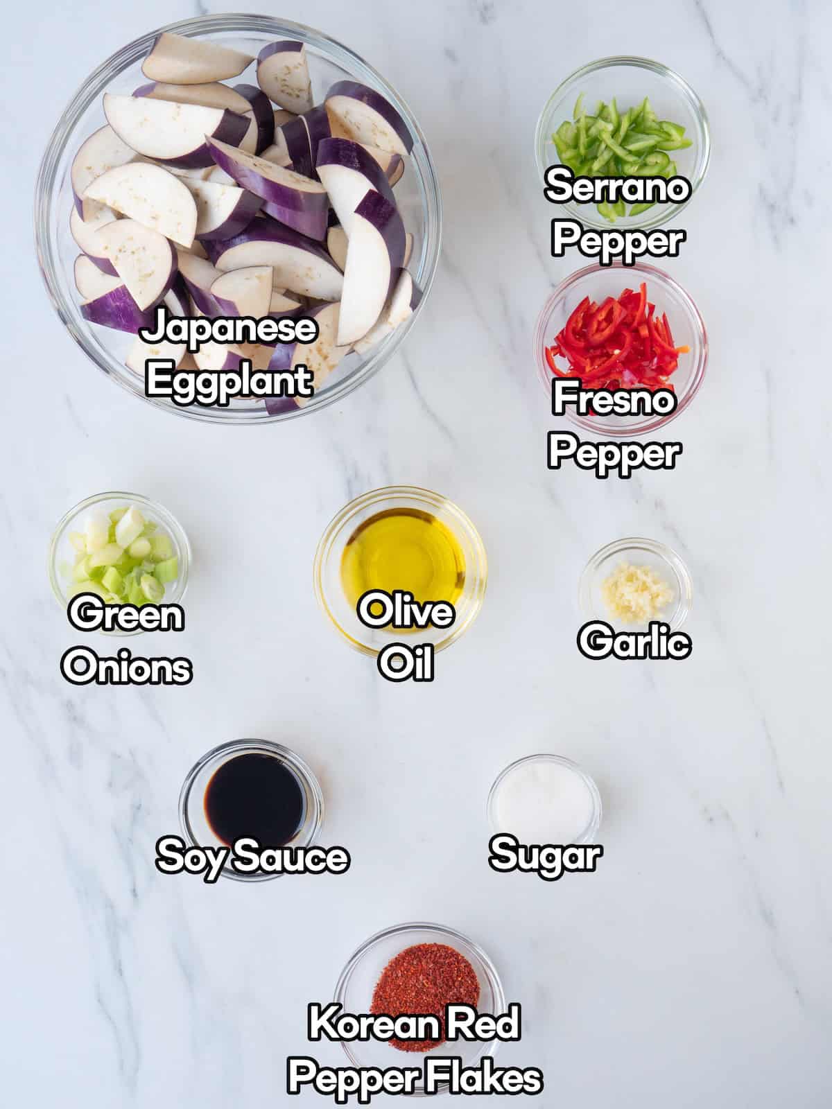 Mise en place of all ingredients to make spicy stir fried eggplant.