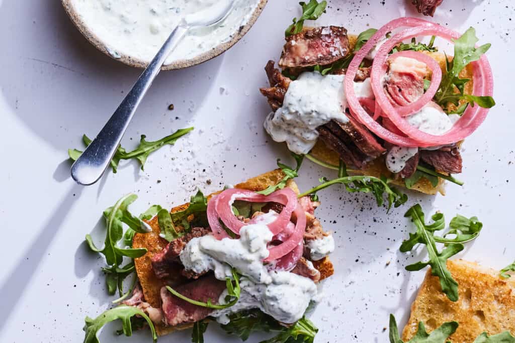 Open Face Steak Sandwich with Chimi Labneh from www.whatsgabycooking.com (@whatsgabycookin)