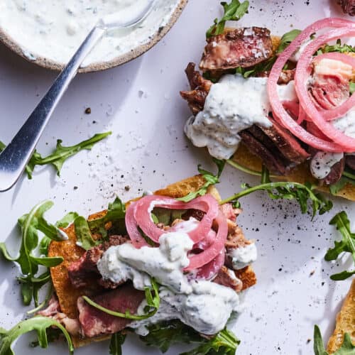 Open Face Steak Sandwich with Chimi Labneh from www.whatsgabycooking.com (@whatsgabycookin)
