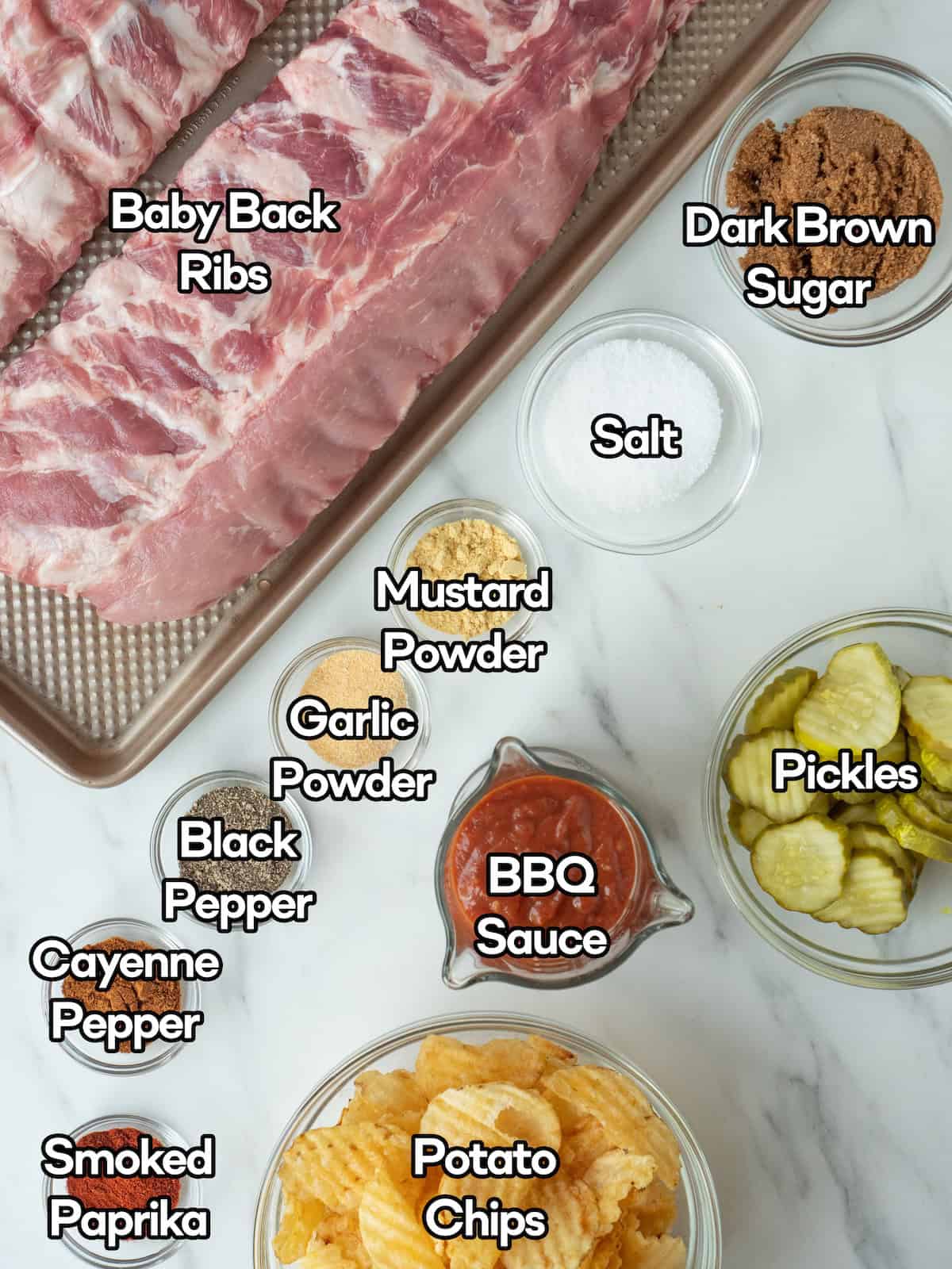 Mise en place of all ingredients to make Spiced BBQ baby back ribs.