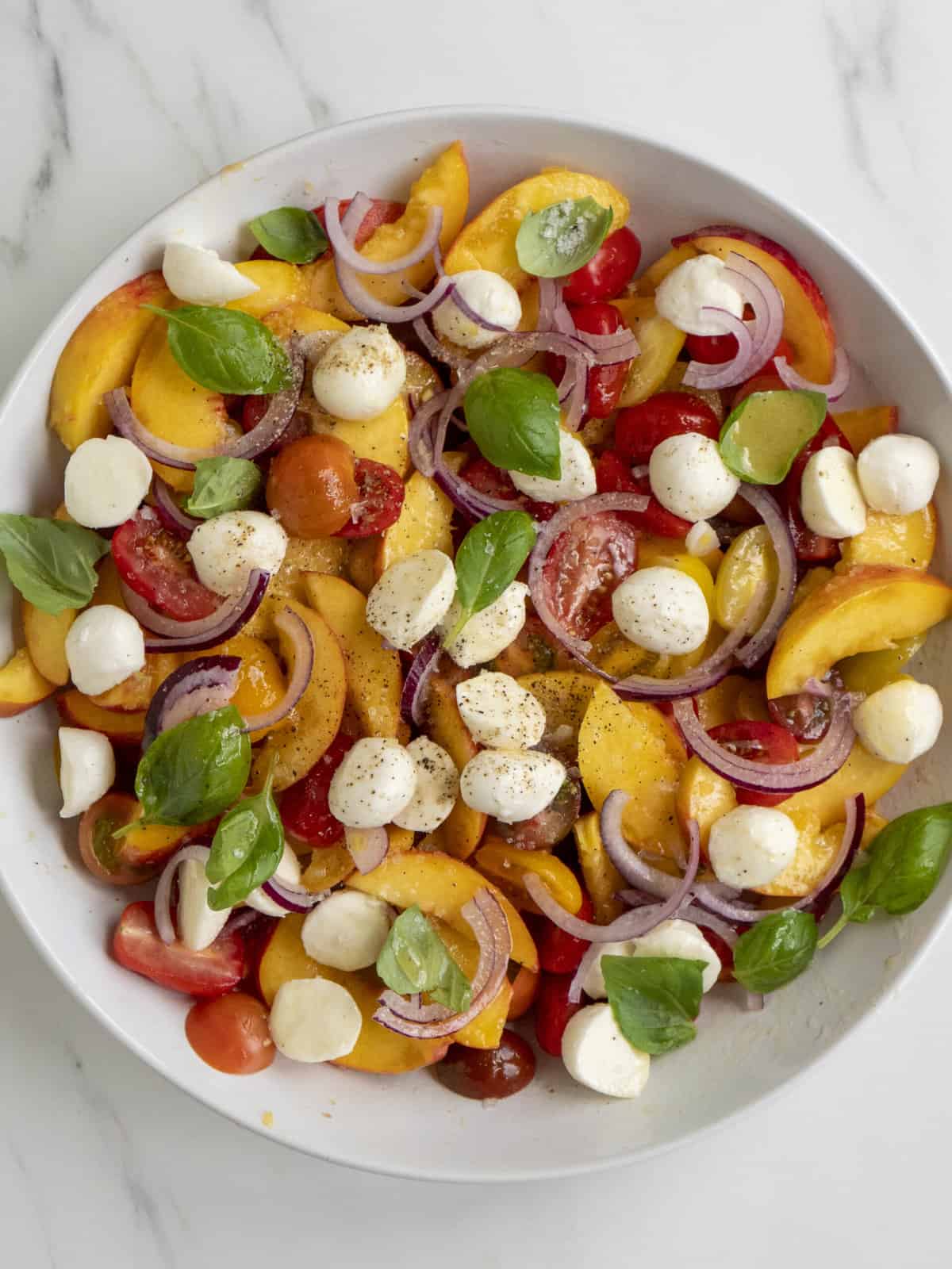 A salad bowl full of stone fruit, tomatoes, mozzarella, and red onions.  
