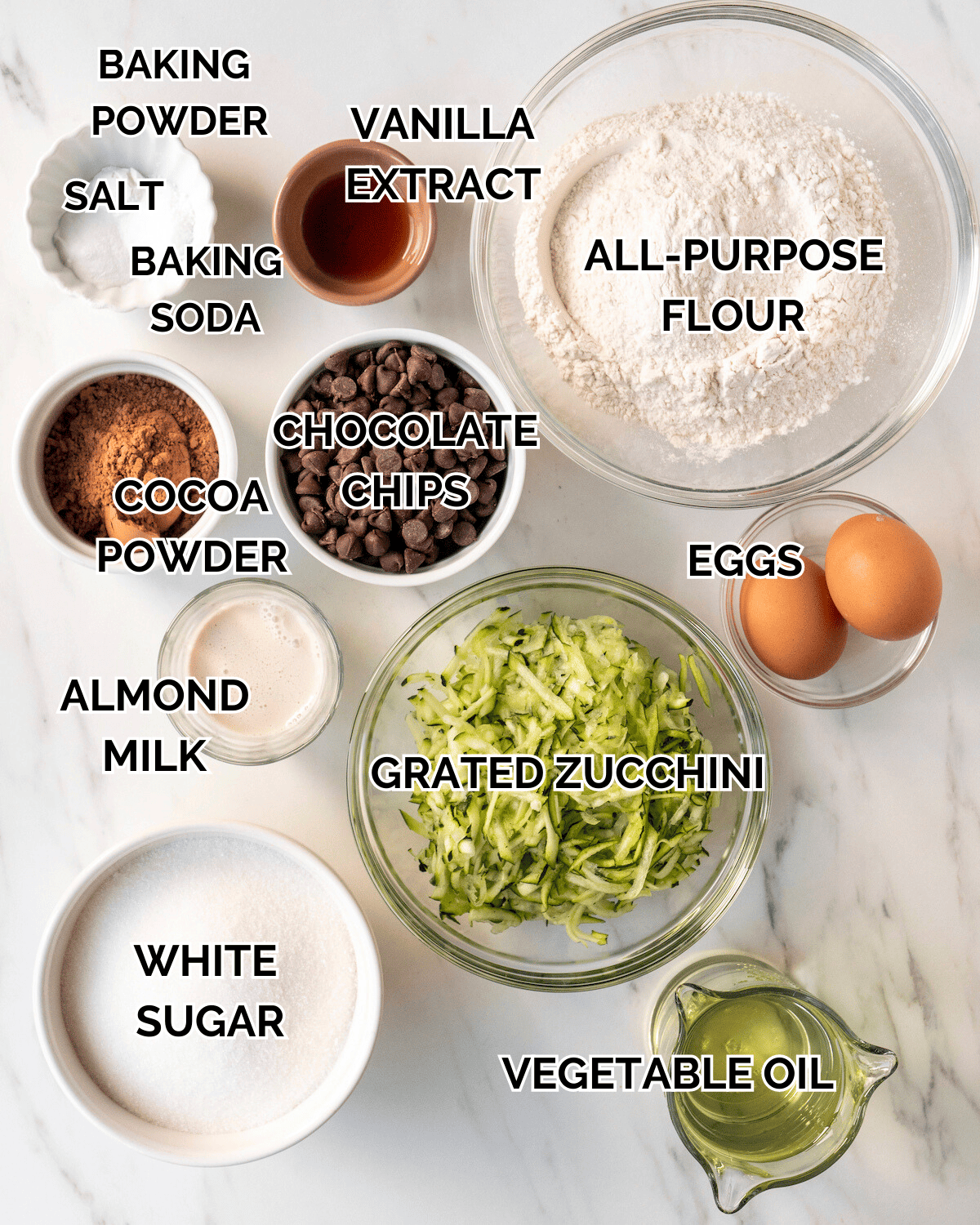 mise-en-place with all the ingredients required to make double chocolate chip zucchini bread