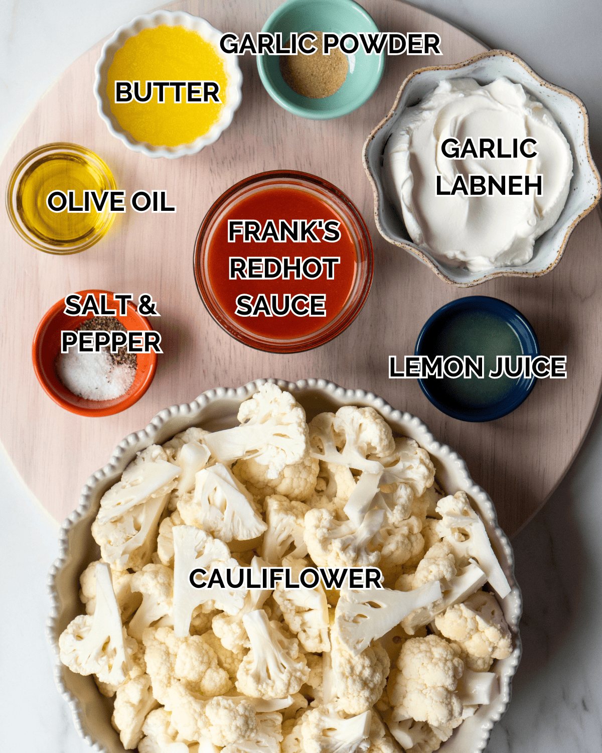 mise-en-place with all the ingredients required to make buffalo cauliflower