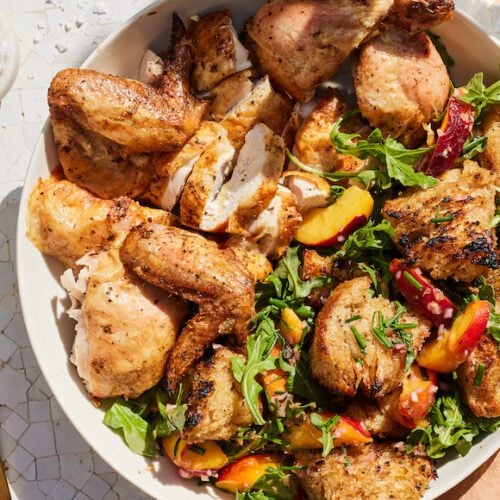 Pellet Grill Roast chicken with Chunky Summer Bread Salad from www.whatsgabycooking.com (@whatsgabycookin)