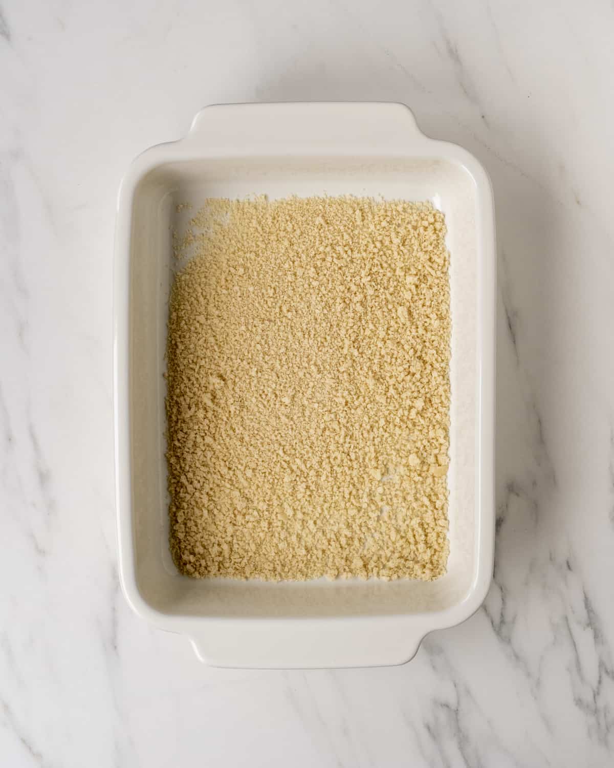 White ceramic baking dish lined with panko breadcrumbs