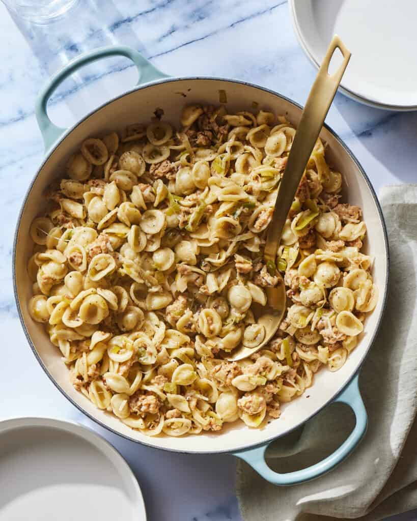 A braiser with sausage and leek orecchiette.