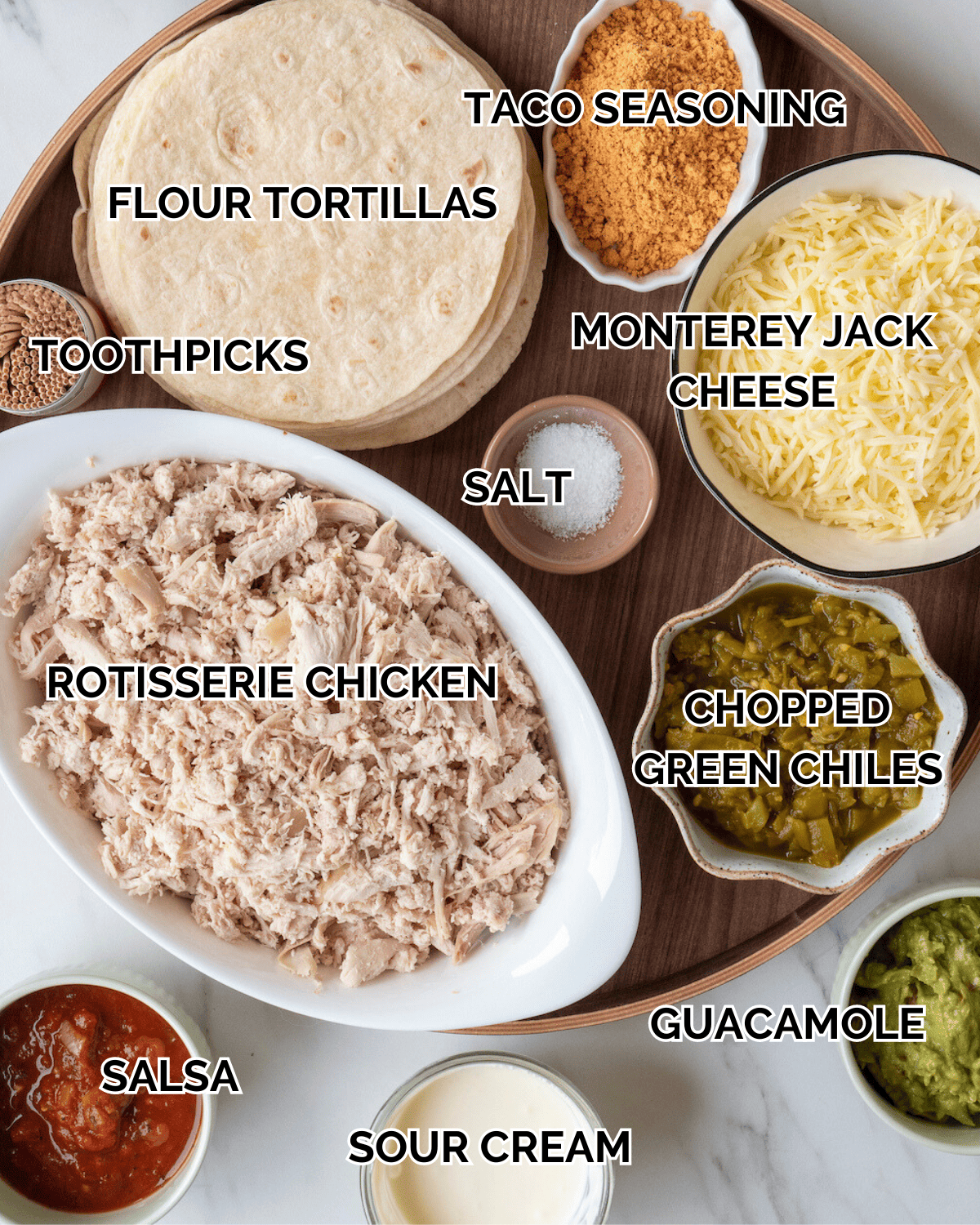 Mise-en-place with all the ingredients required to make chicken flautas.
