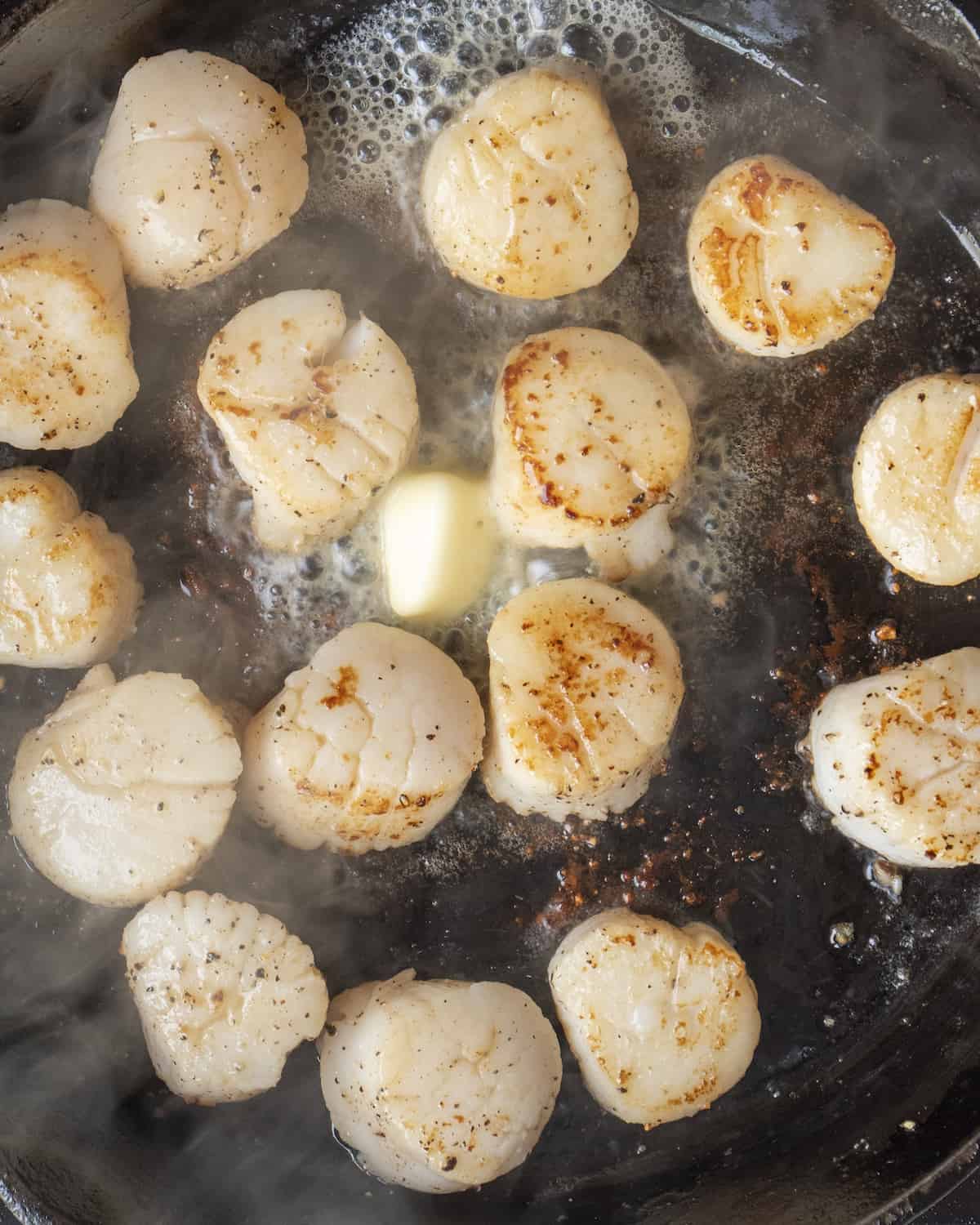 15 seared scallops on a cast iron skillet with a knob of butter that was just added and is starting to sizzle