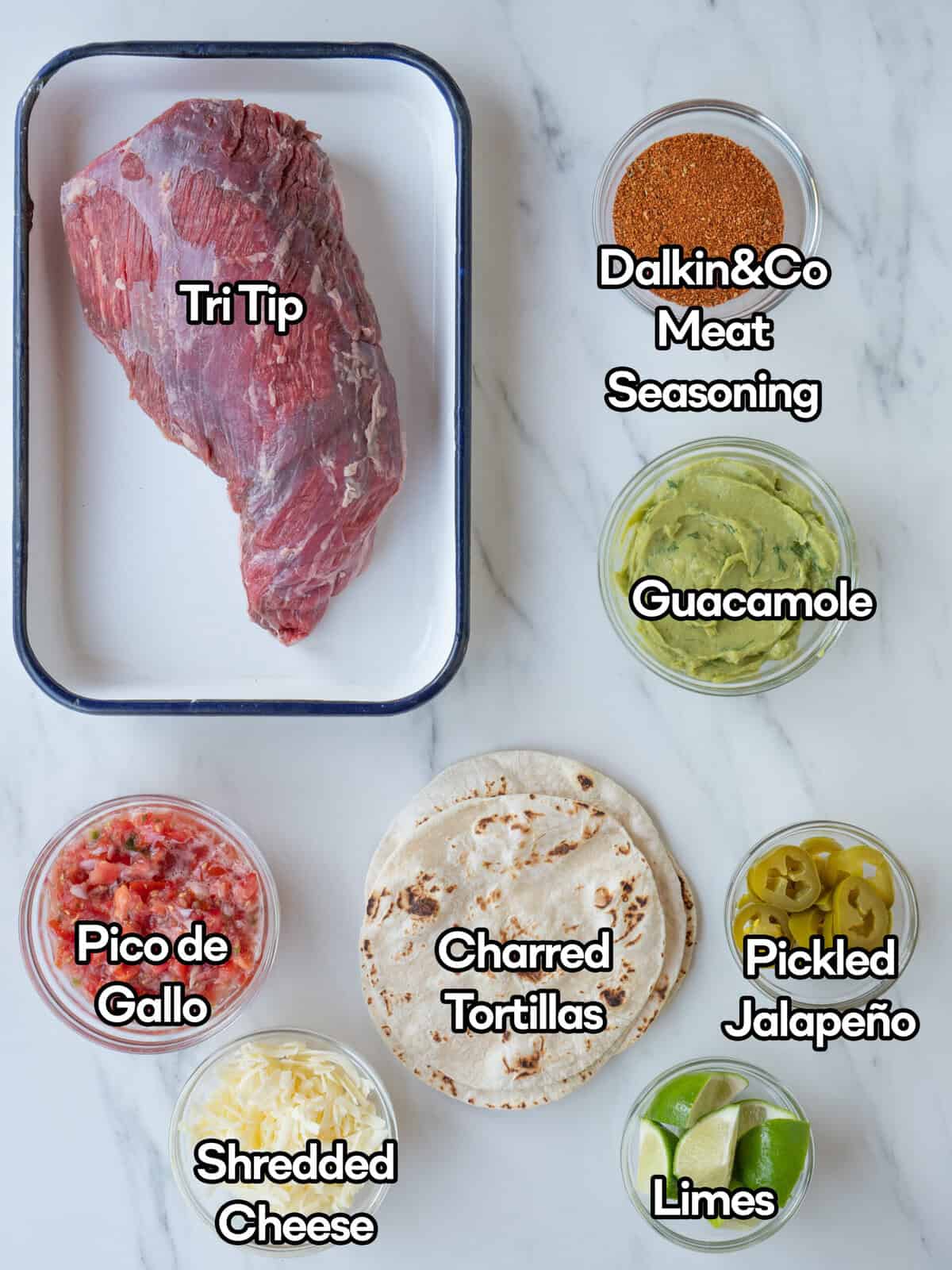 Tri tip and taco ingredients displayed