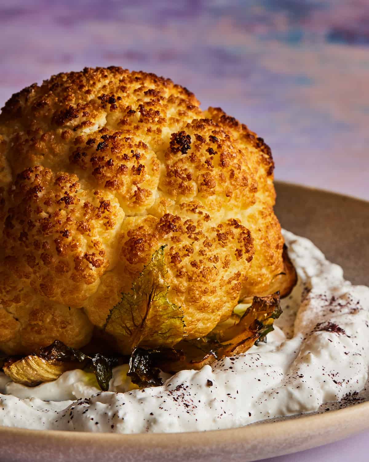 A close up shot of a whole roasted cauliflower placed in a bed of labneh in a beige ceramic platter.