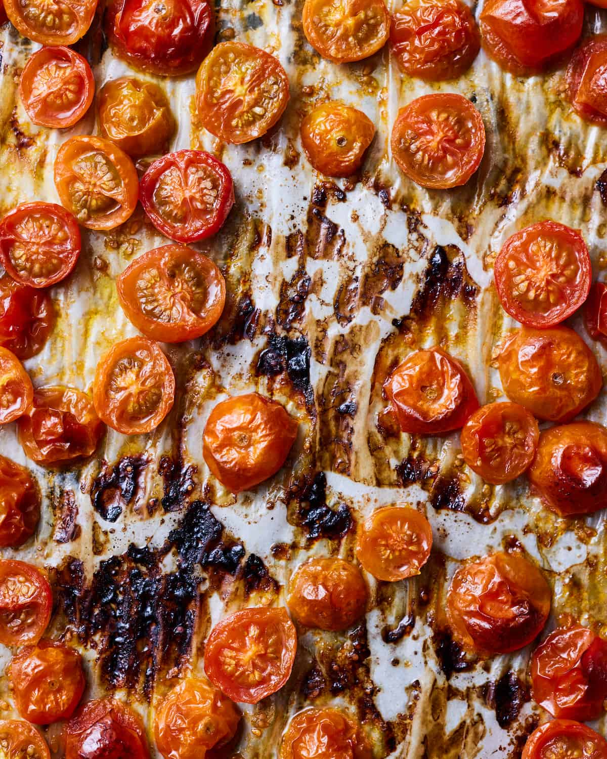Un gros plan de tomates cerises confiturées rôties coupées en deux juste sorties du four sur une plaque à pâtisserie tapissée de papier parchemin. 