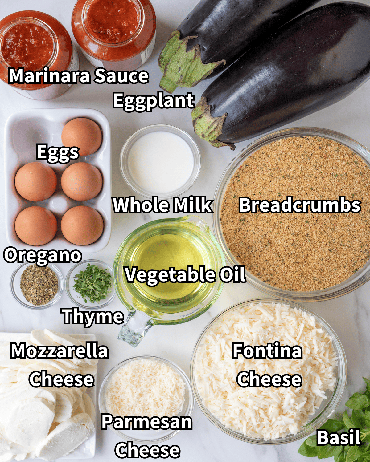 Eggplant parmesan recipe visual ingredients such as parmesan cheese, fontina cheese, mozzarella cheese, basil, whole milk, eggs, eggplant, thyme, oregano, marinara sauce, breadcrumbs, vegetable oil